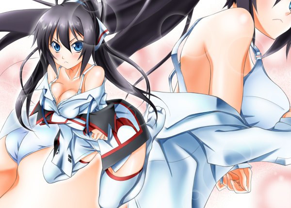 Anime picture 1452x1040 with infinite stratos 8bit shinonono houki sumeragi tomo long hair blush breasts blue eyes light erotic black hair ponytail girl thighhighs uniform school uniform white thighhighs