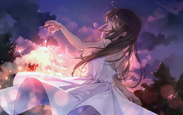 Anime picture 3817x2392 with original unjem single long hair looking at viewer fringe highres hair between eyes brown hair standing holding yellow eyes absurdres cloud (clouds) outdoors parted lips looking back multicolored hair from behind night