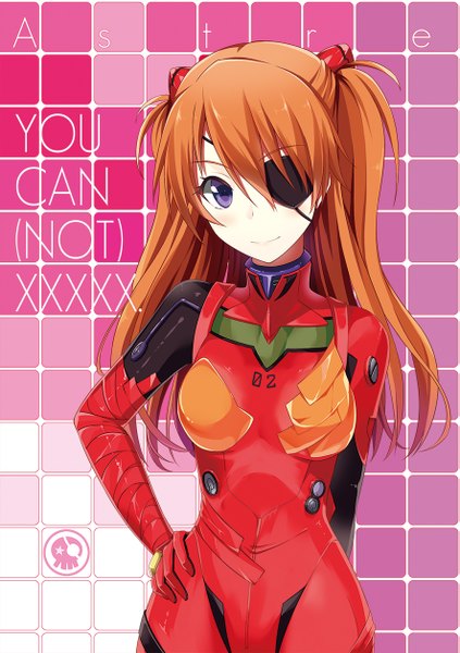 Anime picture 885x1254 with neon genesis evangelion rebuild of evangelion evangelion: 2.0 you can (not) advance evangelion: 3.0 you can (not) redo gainax soryu asuka langley shikinami asuka langley taiyaki (astre) single long hair tall image looking at viewer purple eyes orange hair hand on hip girl hair ornament bodysuit eyepatch