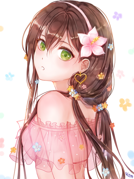 Anime picture 1500x2000 with bang dream! hanazono tae ferrel (rocher 71) single long hair tall image looking at viewer blush fringe hair between eyes brown hair twintails green eyes signed upper body head tilt looking back hair flower from behind off shoulder
