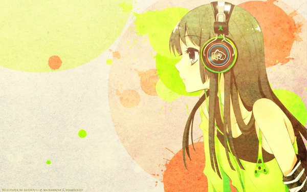 Anime picture 1920x1200 with k-on! kyoto animation akiyama mio itou noiji single long hair highres open mouth wide image bare shoulders profile green hair black eyes multicolored girl headphones
