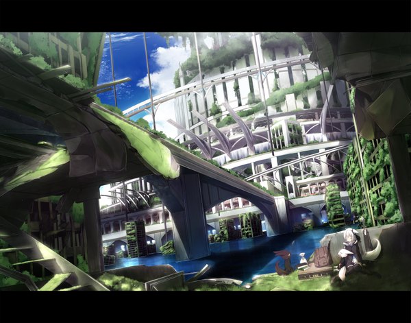 Anime picture 3437x2700 with original nagishiro mito long hair highres animal ears absurdres white hair tail eyes closed animal tail letterboxed river girl plant (plants) animal building (buildings) bridge