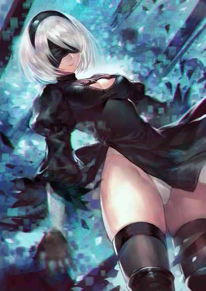 Anime picture 1500x2119 with nier nier:automata yorha no. 2 type b terai (teraimorimori) single tall image short hair light erotic cleavage white hair mole puffy sleeves side slit mole under mouth blindfold girl thighhighs dress underwear panties