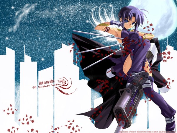 Anime picture 1280x960 with shingetsutan tsukihime type-moon ciel (tsukihime) shingo (missing link) zaira single looking at viewer fringe short hair blue eyes light erotic hair between eyes signed sky purple hair full body torn clothes dated soles third-party edit