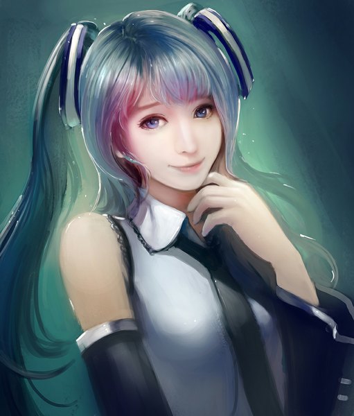 Anime picture 1000x1174 with vocaloid hatsune miku turewindwalker single long hair tall image looking at viewer fringe blue eyes smile bare shoulders realistic aqua hair torn clothes girl detached sleeves necktie clothes