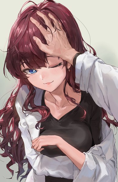 Anime picture 800x1228 with idolmaster idolmaster cinderella girls ichinose shiki modare long hair tall image looking at viewer blush fringe breasts blue eyes smile brown hair upper body one eye closed lips pov headpat girl earrings