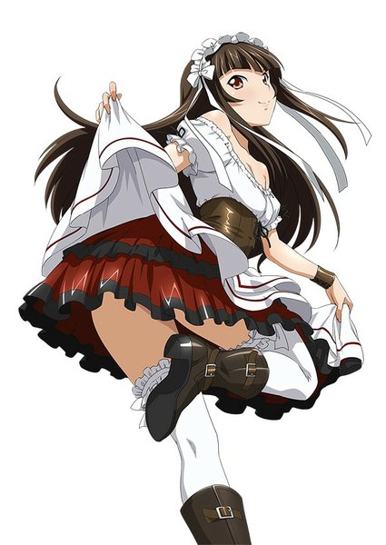 Anime picture 600x847 with ikkitousen teni single long hair tall image black hair simple background white background brown eyes looking back girl thighhighs dress white thighhighs lolita hairband