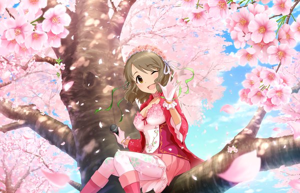 Anime picture 1280x824 with idolmaster idolmaster cinderella girls idolmaster cinderella girls starlight stage tsukimiya miyabi single looking at viewer blush short hair open mouth brown hair sitting brown eyes one eye closed wink official art cherry blossoms ;d spring tree sitting girl