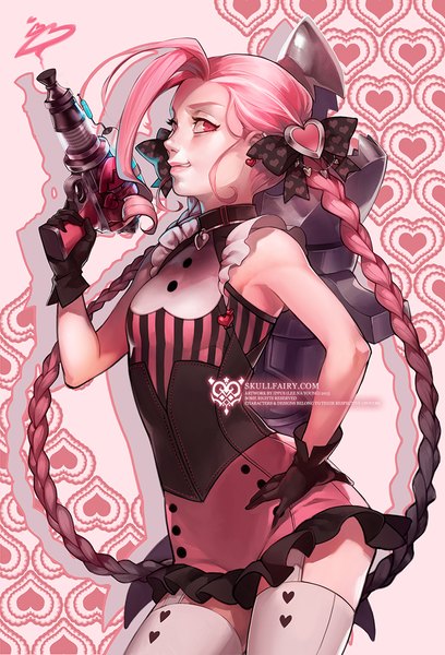 Anime picture 800x1176 with league of legends jinx (league of legends) ippus single long hair tall image looking at viewer smile red eyes standing bare shoulders pink hair braid (braids) profile hand on hip twin braids girl thighhighs gloves bow