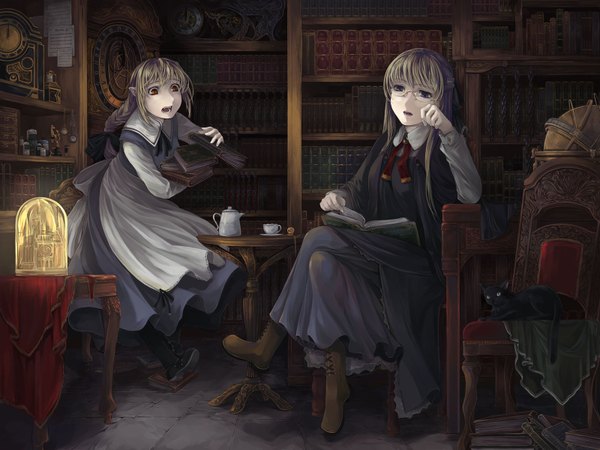 Anime picture 1600x1200 with simosi long hair blue eyes blonde hair red eyes indoors braid (braids) pointy ears elf tripping glasses book (books) cat library