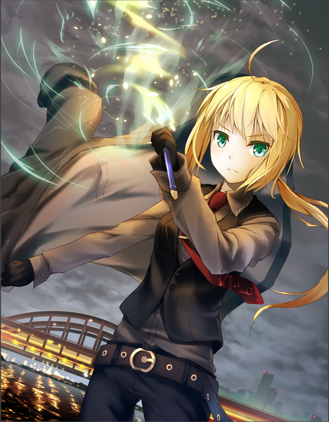 Anime picture 1377x1766 with fate (series) fate/grand order fate/stay night fate/zero artoria pendragon (all) saber hellnyaa single long hair tall image looking at viewer blush fringe blonde hair holding green eyes payot cloud (clouds) ahoge ponytail