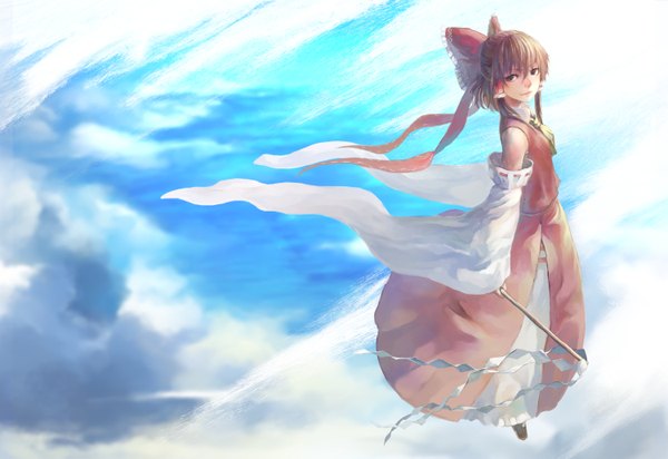 Anime picture 3000x2060 with touhou hakurei reimu benitama single looking at viewer highres short hair blue eyes brown hair sky cloud (clouds) wind flying miko girl bow hair bow detached sleeves