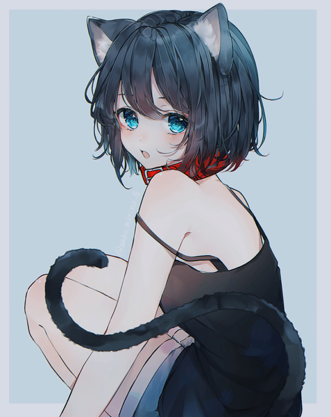 Anime picture 4060x5104 with original wako morino single tall image highres short hair open mouth blue eyes black hair simple background sitting animal ears absurdres tail animal tail cat ears :o cat girl cat tail border