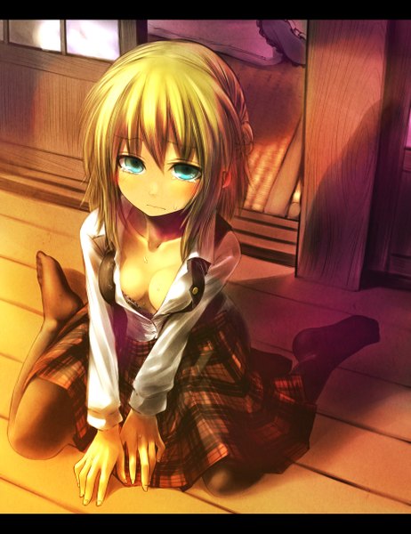 Anime picture 1870x2430 with original chankodining waka single tall image highres short hair breasts blue eyes light erotic blonde hair sitting open clothes open shirt no shoes tears girl skirt miniskirt