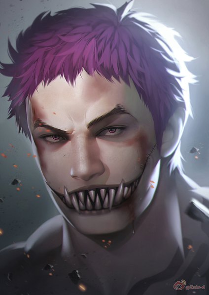 Anime picture 1500x2122 with one piece toei animation charlotte katakuri zhang ding single tall image looking at viewer short hair simple background purple eyes signed purple hair upper body teeth fang (fangs) tattoo scar eyebrows sharp teeth backlighting