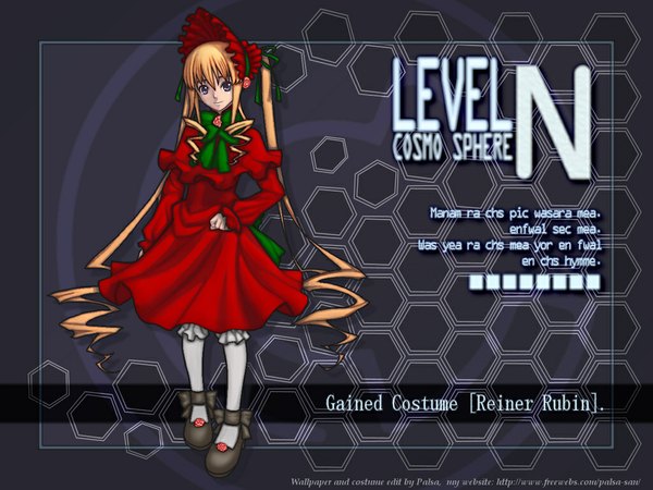 Anime picture 1024x768 with rozen maiden ar tonelico gust (company) shinku aurica nestmile single long hair looking at viewer fringe blonde hair smile hair between eyes standing purple eyes twintails payot full body very long hair inscription alternate costume