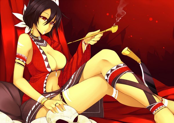Anime picture 1000x708 with dean single looking at viewer short hair breasts light erotic black hair red eyes large breasts cleavage legs facial mark girl navel weapon skull