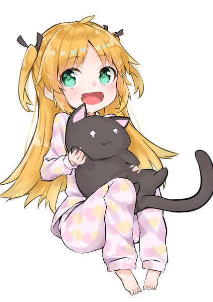 Anime picture 836x1180 with ryuuou no oshigoto! charlotte izoard hashiko no woto single long hair tall image blush open mouth simple background blonde hair white background green eyes looking away full body :d barefoot two side up girl animal cat