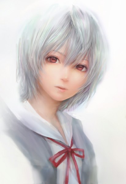 Anime picture 548x800 with neon genesis evangelion gainax ayanami rei misshu single tall image looking at viewer fringe short hair simple background red eyes white background grey hair close-up girl ribbon (ribbons)