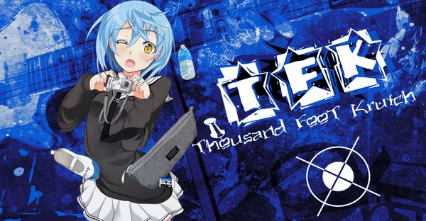 Anime picture 2000x1043 with k.g single blush highres short hair open mouth wide image yellow eyes blue hair one eye closed wink girl skirt uniform school uniform necktie shoes bag camera