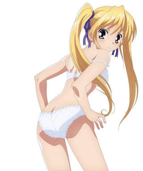Anime picture 2100x2500 with happiness hiiragi anri akiranyo single long hair tall image blush highres blue eyes light erotic simple background blonde hair white background twintails looking back underwear only girl underwear panties ribbon (ribbons)