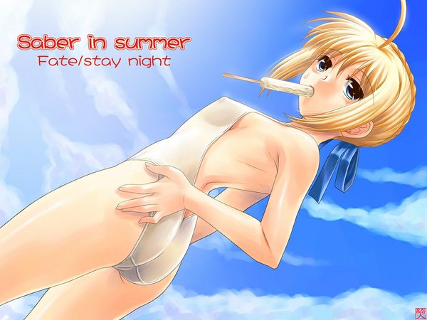 Anime picture 1024x768 with fate (series) fate/stay night studio deen type-moon artoria pendragon (all) saber light erotic swimsuit popsicle
