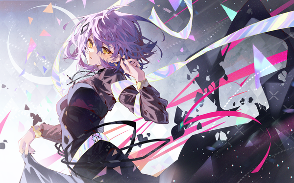 Anime picture 3200x2000 with original arutera single looking at viewer fringe highres short hair hair between eyes standing yellow eyes purple hair long sleeves nail polish parted lips arm up fingernails girl dress black dress pendant