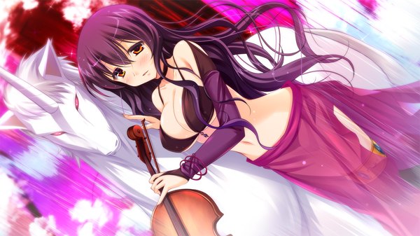 Anime picture 1280x720 with master re:master (game) long hair light erotic red eyes wide image game cg purple hair girl swimsuit bikini black bikini horse unicorn