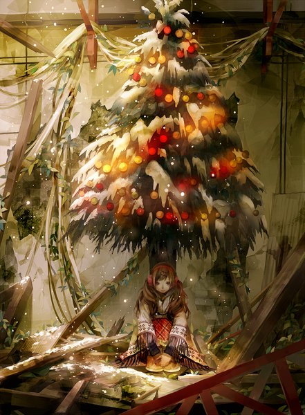 Anime picture 874x1190 with original tsukioka tsukiho single long hair tall image brown hair sitting brown eyes indoors snowing christmas winter snow sad girl hair ornament plant (plants) hairclip headphones christmas tree