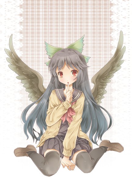 Anime picture 850x1181 with touhou reiuji utsuho michii yuuki single long hair tall image black hair red eyes sitting full body alternate costume finger to mouth wariza black wings plaid plaid background girl thighhighs uniform bow