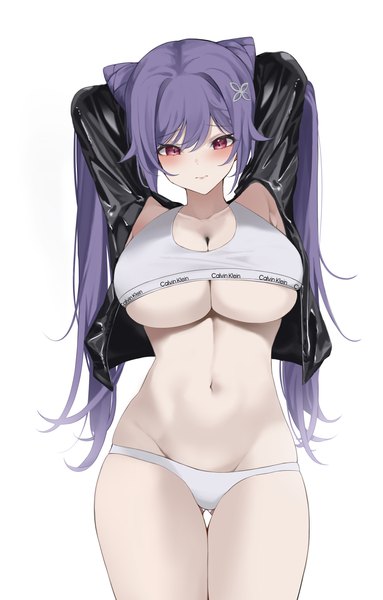 Anime picture 3000x4700 with genshin impact calvin klein keqing (genshin impact) haku (liiixixixiii) single long hair tall image looking at viewer blush fringe highres breasts light erotic simple background hair between eyes large breasts standing white background twintails purple hair