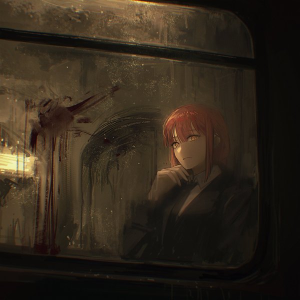 Anime picture 2000x2000 with chainsaw man mappa makima (chainsaw man) solraka single long hair looking at viewer fringe highres yellow eyes payot upper body red hair blood stains girl blood ground vehicle train