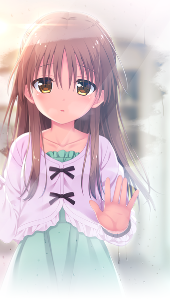 Anime picture 1085x1906 with onii-chan asa made zutto gyu tte shite! onami sumi k.y ko single long hair tall image looking at viewer blush fringe brown hair brown eyes upper body parted lips loli against glass girl dress