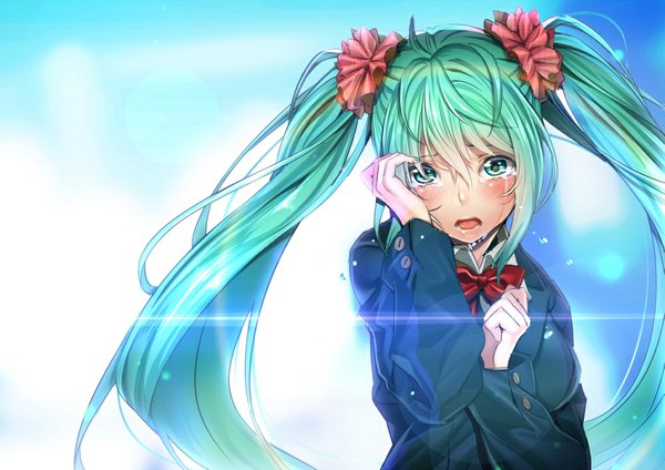 Anime picture 1000x707 with vocaloid hatsune miku koyoi mitsuki single long hair blush fringe breasts open mouth twintails looking away aqua eyes green hair alternate costume tears crying glow sad girl uniform