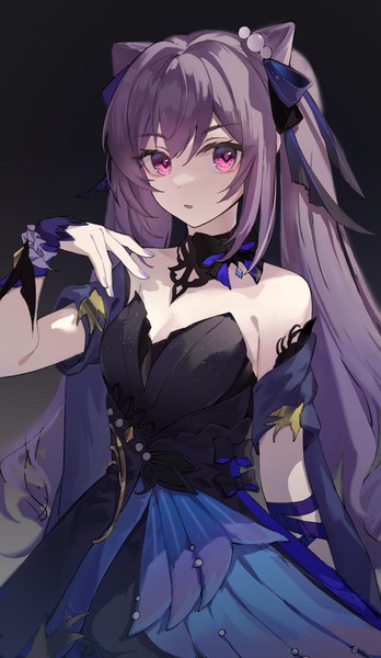 Anime picture 2400x4142 with genshin impact keqing (genshin impact) keqing (opulent splendor) (genshin impact) tanya (tanyaya) single long hair tall image looking at viewer fringe highres breasts simple background hair between eyes standing twintails bare shoulders payot purple hair nail polish pink eyes