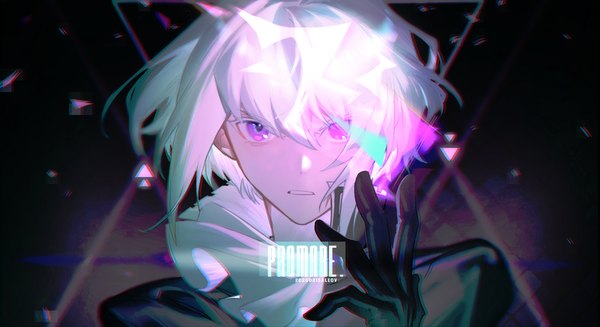 Anime picture 1980x1080 with promare studio trigger lio fotia aleo single looking at viewer fringe highres short hair hair between eyes wide image purple eyes signed upper body white hair copyright name dated black background serious boy