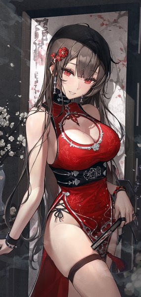 Anime picture 1000x2106 with original ttosom single long hair tall image looking at viewer fringe breasts light erotic black hair red eyes large breasts bare shoulders holding cleavage blunt bangs hair flower mole sleeveless side slit