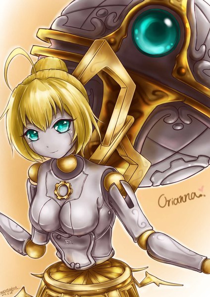 Anime picture 1358x1920 with league of legends orianna (league of legends) najo single tall image looking at viewer short hair blonde hair aqua eyes mechanical girl ball