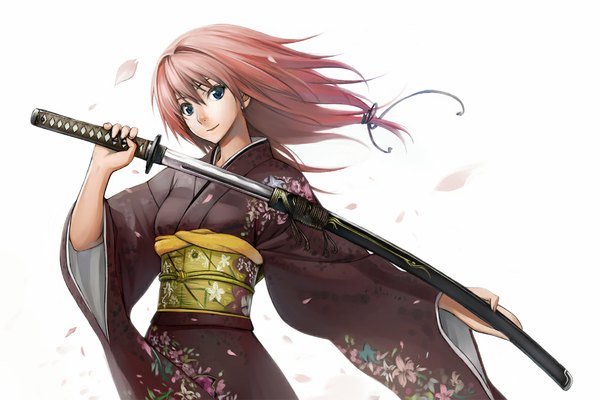 Anime picture 1050x700 with original kurojishi (artist) single long hair looking at viewer fringe blue eyes simple background smile white background pink hair japanese clothes light smile girl weapon petals sword kimono katana