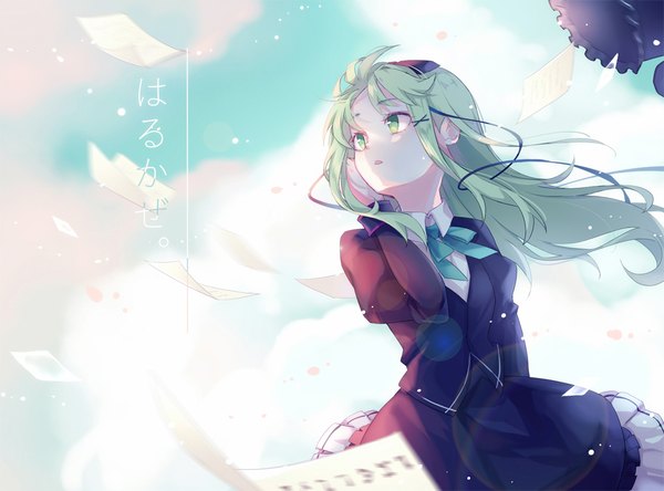 Anime picture 1000x741 with touhou book of star mythology original fuma mishandra hichou single long hair green eyes looking away cloud (clouds) green hair wind adjusting hair hat removed headwear removed girl uniform hair ornament school uniform x hair ornament
