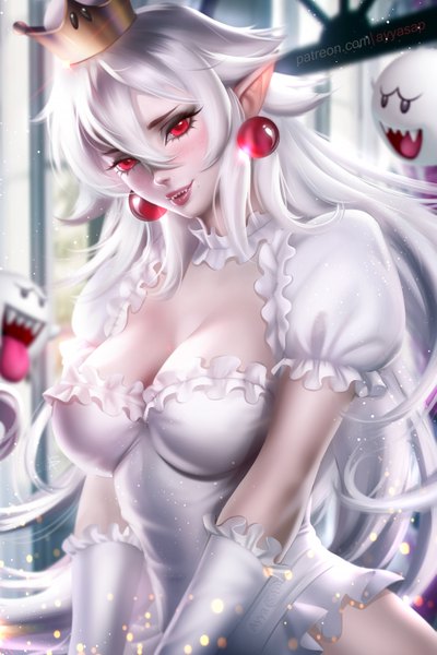 Anime picture 2247x3370 with super mario bros. new super mario bros. u deluxe princess king boo boo (mario) ayyasap single long hair tall image looking at viewer blush fringe highres breasts open mouth light erotic smile hair between eyes red eyes large breasts standing