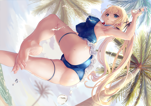 Anime-Bild 4092x2893 mit azur lane dead or alive marie rose marie rose (devilish servant against the splashing waves) yato (pondel) single long hair fringe highres breasts blue eyes light erotic blonde hair large breasts standing twintails holding payot looking away absurdres