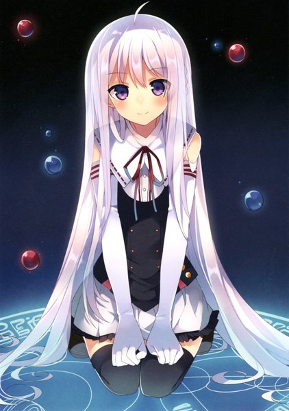 Anime picture 4289x6102 with ore to kanojo no battle wa living de mishima kurone tall image looking at viewer blush fringe highres sitting purple eyes absurdres silver hair ahoge very long hair light smile scan official art kneeling magic dark background frilly skirt