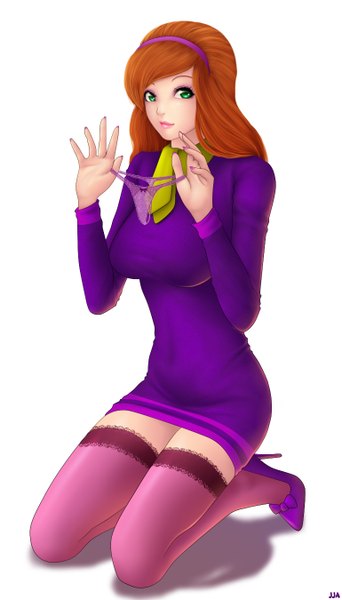 Anime picture 770x1350 with scooby-doo daphne anne blake (scooby-doo) khalitzburg single long hair tall image simple background brown hair white background green eyes looking away kneeling girl thighhighs underwear panties