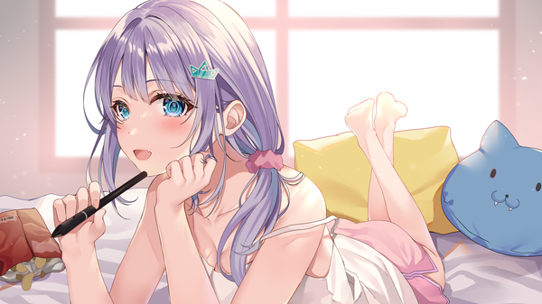 Anime picture 6400x3600 with original hizuki higure single long hair looking at viewer blush fringe highres breasts open mouth blue eyes smile wide image bare shoulders holding payot absurdres purple hair bent knee (knees) indoors