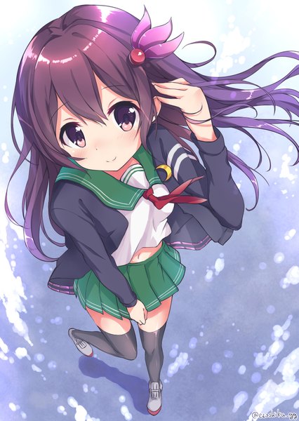 Anime picture 1447x2039 with kantai collection kisaragi destroyer ezoshika gg single long hair tall image looking at viewer blush fringe smile hair between eyes brown hair standing purple eyes signed head tilt pleated skirt from above wind bare belly