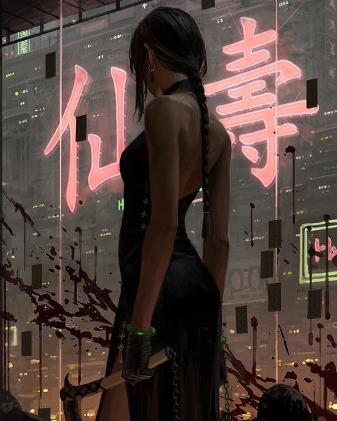Anime picture 1440x1800 with original guweiz single long hair tall image black hair standing holding payot indoors braid (braids) from behind realistic city single braid hieroglyph side slit city lights blood stains girl
