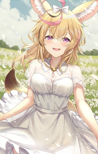 Anime picture 899x1403 with virtual youtuber hololive omaru polka ks single long hair tall image looking at viewer blush fringe open mouth blonde hair smile hair between eyes purple eyes animal ears sky cloud (clouds) outdoors tail