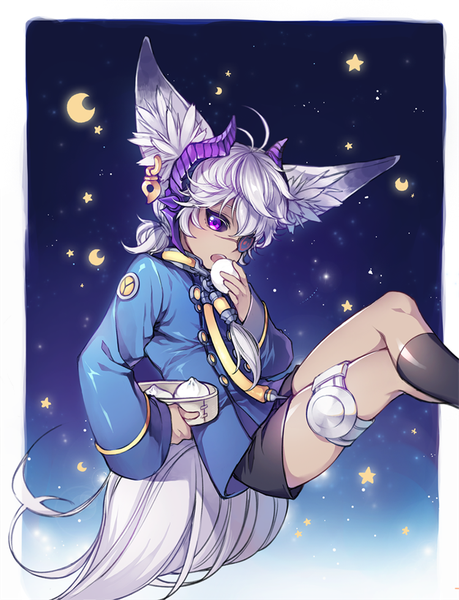 Anime picture 750x979 with blade & soul lyn (blade & soul) cm single tall image looking at viewer short hair open mouth purple eyes animal ears silver hair tail animal tail scar eating boy earrings food eyepatch clothes