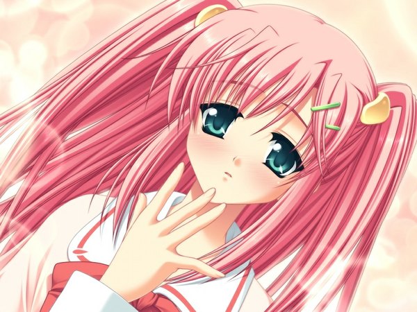 Anime picture 1024x768 with kanchichi sweet long hair green eyes pink hair game cg girl